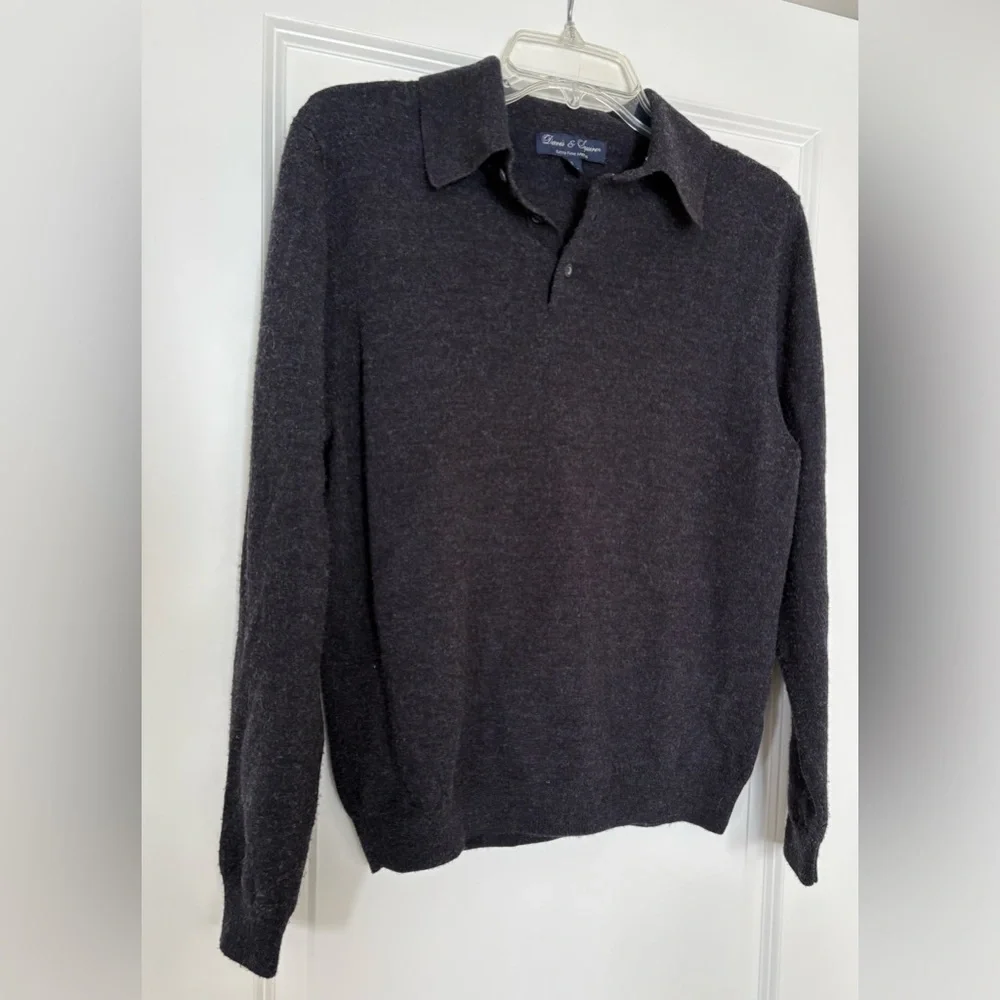 100% Merino Wool Collared Dark Gray Polo Sweater Charcoal Long Sleeve Men’s Sm